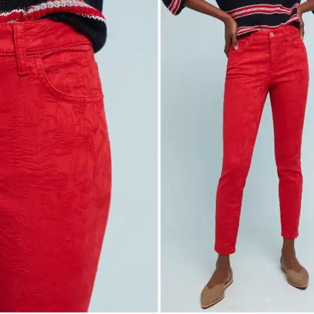 Pilcro anthro Anthropologie red jacquard skinny pants high rise